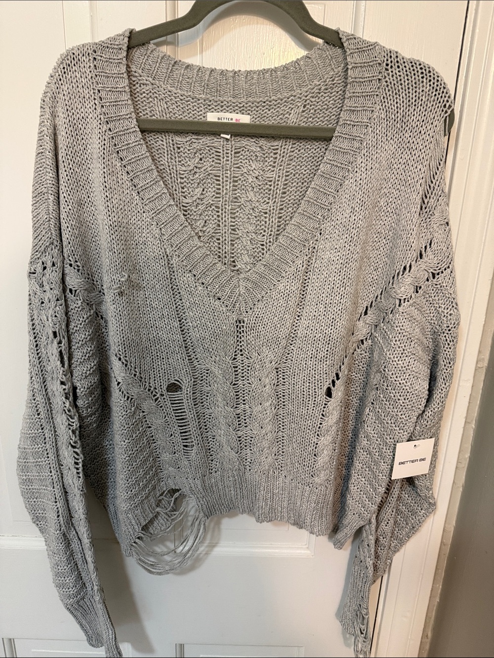 Better Be Light Gray Distressed V-Neck Knit Sweater